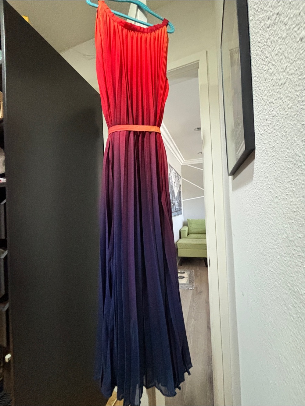 Ombre Red to Navy Maxi Dress with Belt